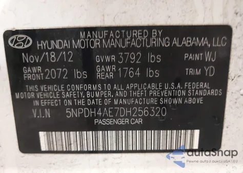 2013 Hyundai Elantra Gls from USA, damaged, VIN 5NPDH4AE7DH256320